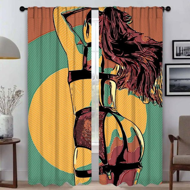 2er-Set Moskitonetz-Vorhänge mit abstraktem Grafik-Design aus Tüll, halbtransparent, Mehrfarbig, B: 50 cm, H: 70 cm - Bild 1
