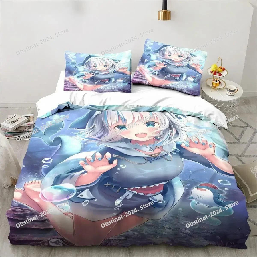 Bettwäsche-Set Kawaii Gawr Gura Design mit Kissenbezug, weich bedruckt, Single B/H: 135 x 200 cm - Bild 1