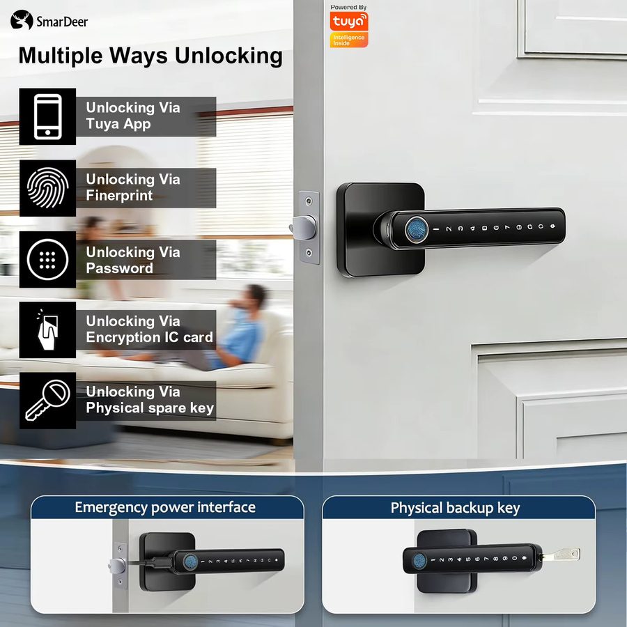 SmarDeer Elektronisches Smart Lock in Schwarz mit Bluetooth und Fingerabdruck für Tuya Smart Life Hausautomation, ideal für Hotel und Büro - Bild 2
