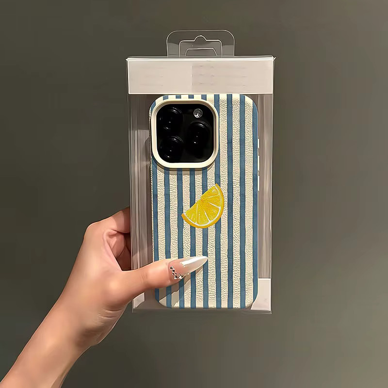 Handyhülle mit blau gestreiftem Zitronenscheiben-Muster und Lychee-Textur aus TPU für Apple iPhone 11 bis iPhone 17 Pro Max und Plus in Blau und Beige - Bild 2