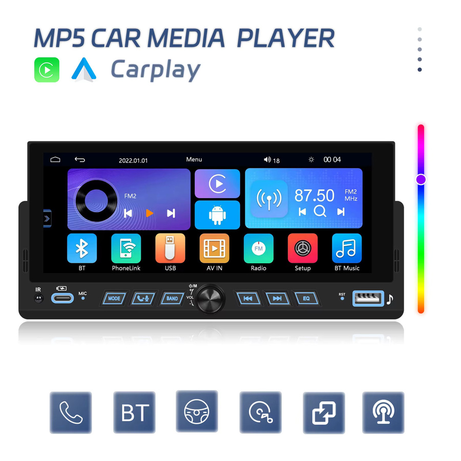 Podofo 1DIN Auto-Multimediaplayer mit 6,86 Zoll Display, kabellosem CarPlay, Android Auto, Mirror Link, Bluetooth, USB und Rückfahrkamera in Schwarz - Bild 3