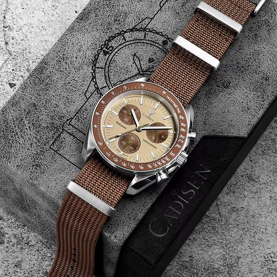CADISEN Chronograph Armbanduhr, Quarz, Edelstahl, Textil/NATO, Braun, Herren - Bild 2