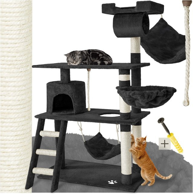 tectake Kratzbaum Schwarz mit Katzenhaus, Hängematte und Spielzeug, B/T/H: 105 x 60 x 141 cm - Bild 1