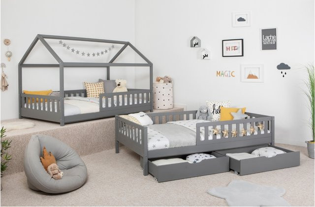 TiCAA 2 in 1 Hausbett Bodenbett aus Kiefer Massivholz mit abnehmbarem Dach, Schubladen und Rausfallschutz, Weiß/Grau - Bild 1