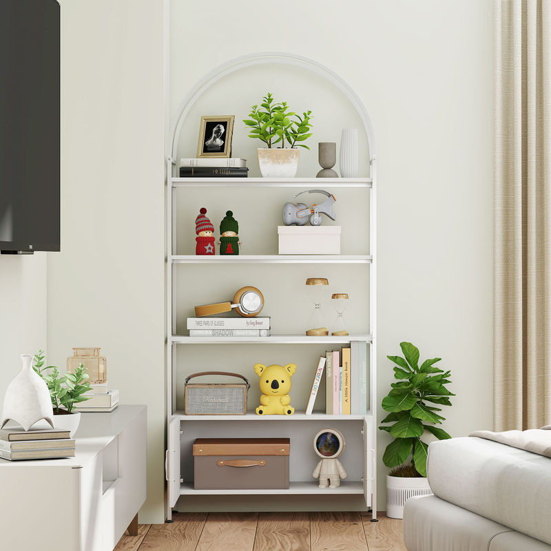 Aosom HOMCOM Aufbewahrungsregal mit 4 Ebenen und Doppeltür in Weiß, geschwungenes Bücherregal mit Stahlrahmen und verstellbaren Füßen, B/T/H: 80 x 30 x 187 cm - Bild 2