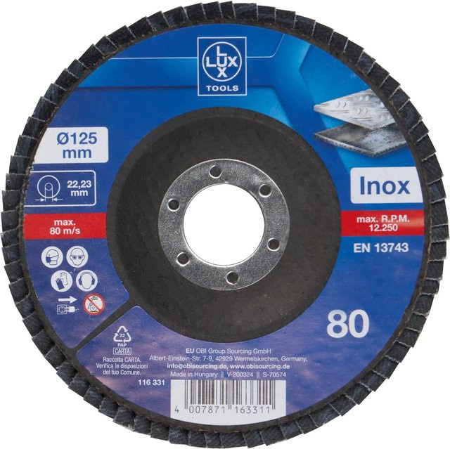 LUX-TOOLS Fächerschleifscheibe für Metall, Blau, Durchmesser: 125 mm, Körnung: K80 - Bild 1