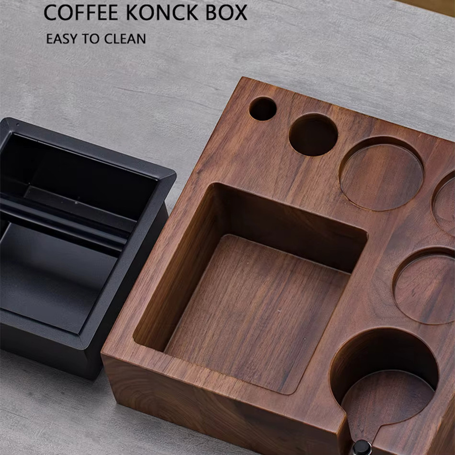 EDLEXKAFFEE Kaffee Tamper Station aus Holz in Braun mit Knock Box und Portafilter Halter für 51mm, 54mm und 58mm - Bild 2