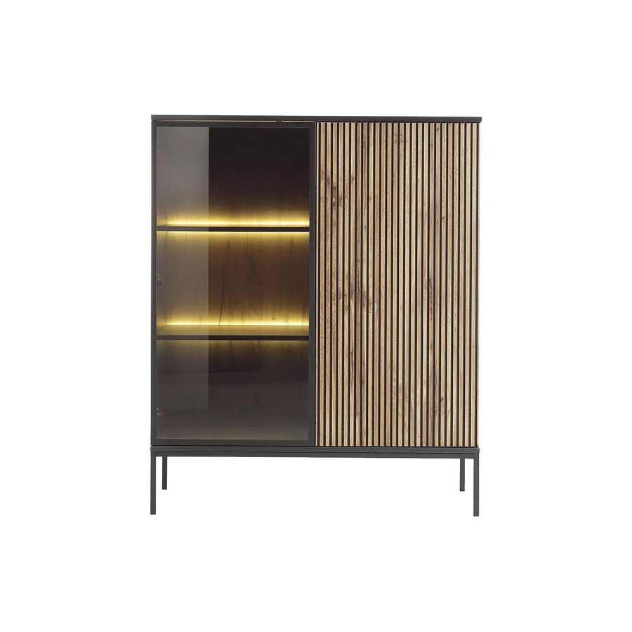 Vitrinenschrank Ovila Vente-unique in Schwarz und Naturfarben Hell mit Rauchglas, Glastüren und integrierter LED-Beleuchtung, Breite: 103,5 cm - Bild 2