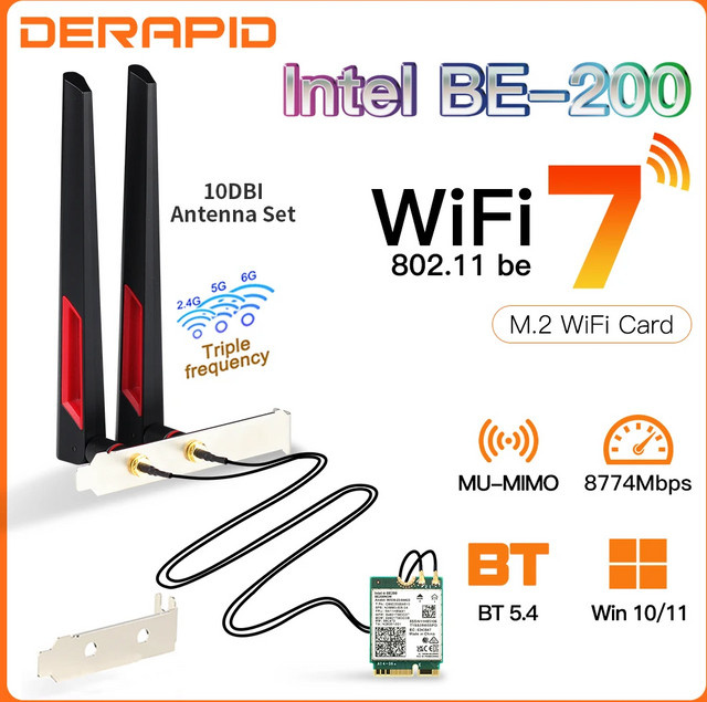 DERAPID BE200 WiFi 7 Netzwerkadapter mit Bluetooth 5.4, Triple Band 2,4G/5G/6GHz M.2 Wireless Adapter inklusive Antenne - Bild 1