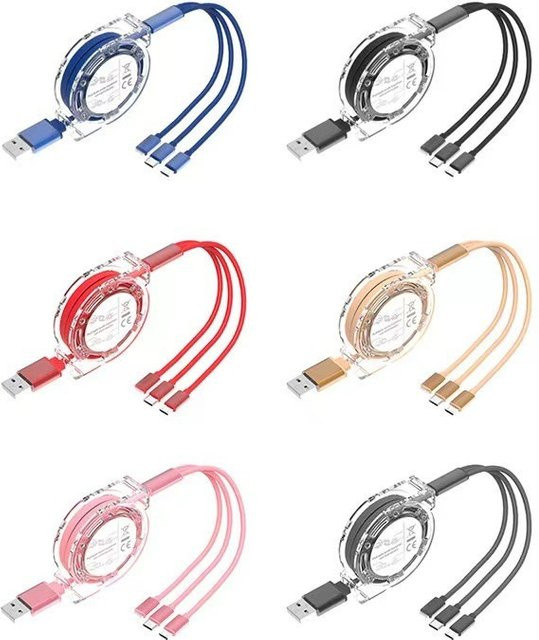 3-in-1 Einziehbares USB-Schnellladekabel für iPhone, Android, Xiaomi, Huawei und Samsung mit USB-C und Micro-USB in Rot - Bild 1