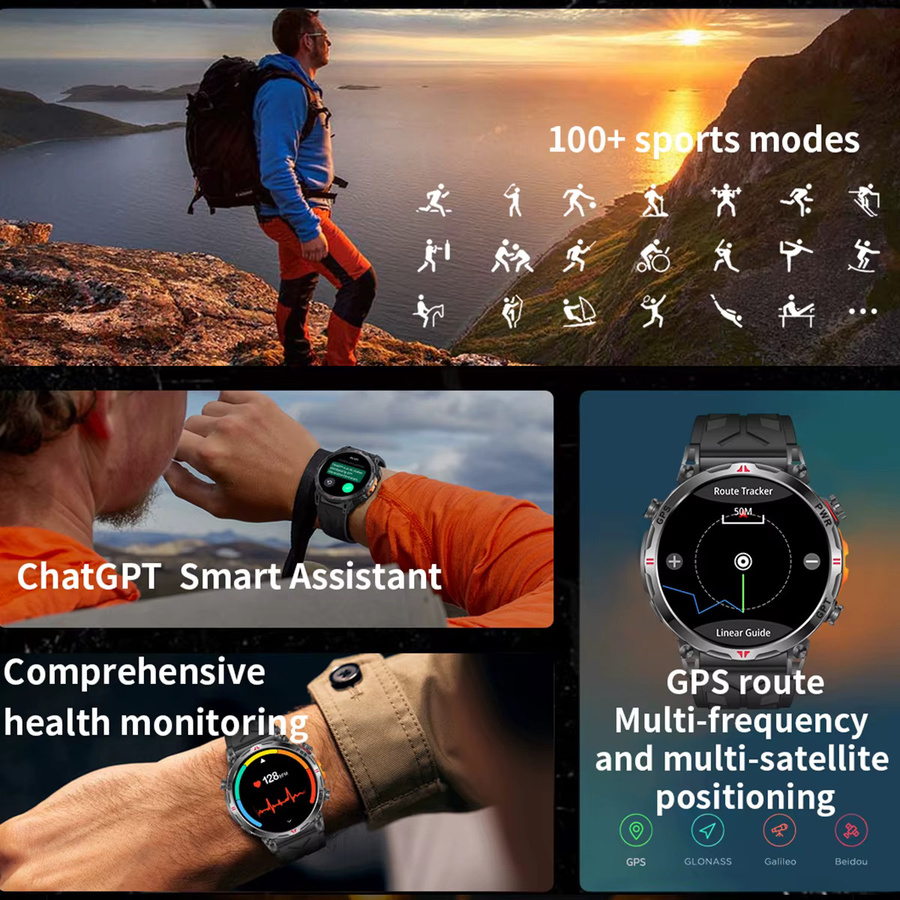 Vwar T-Rex3 Pro Military Smartwatch mit GPS, Kompass und Bluetooth für Anrufe, 5ATM wasserdicht, Farbe: Orange/Schwarz - Bild 4