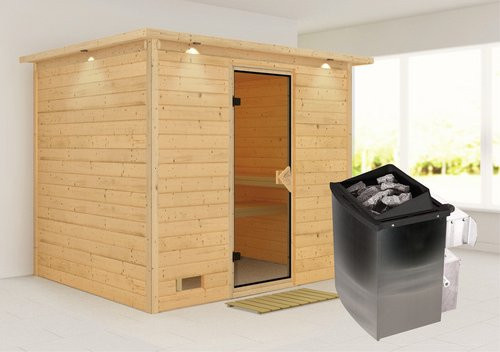 Karibu Sauna Paldiski aus Fichtenholz in Beige inklusive 9 kW Saunaofen mit integrierter Steuerung für 4 Personen, B/T/H: 264 x 198 x 212 cm - Bild 1