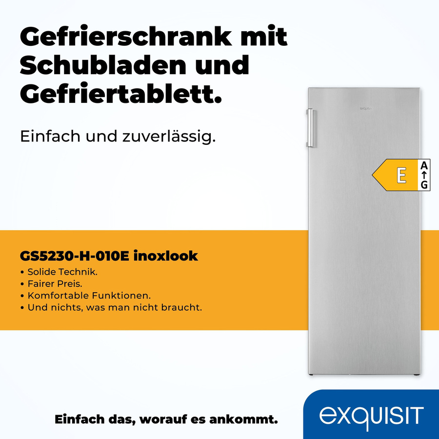 Exquisit GS5230-H-010E Gefrierschrank in Silver, Standgerät mit Inoxlook, B/T/H: 55,0 x 54,2 x 188,0 cm - Bild 2