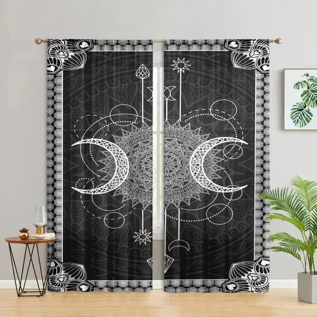 2er-Set halbtransparente Vorhänge mit Sonne und Mond Mandala Design in Grau, B: 150 cm, H: 166 cm - Bild 1