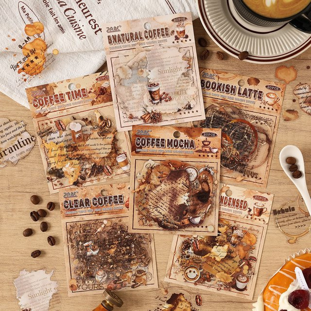 20 Stück Vintage Kaffee-Aufkleber aus transparentem PET in Multicolour für Tagebücher, Scrapbooks und Laptops - Bild 1