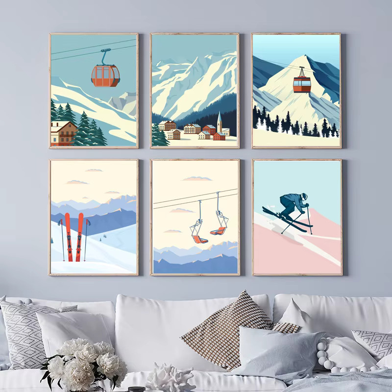 Potdemiel Vintage Minimalist Ski Snowboard Wandkunst Leinwandposter mit Berg-Motiv in Mehrfarbig - Bild 2