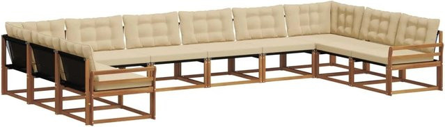 vidaXL Outdoor-Sofagarnitur 10-teilig in U-Form aus massivem Akazienholz mit Textilene und Kissen in Natur-Beige - Bild 1