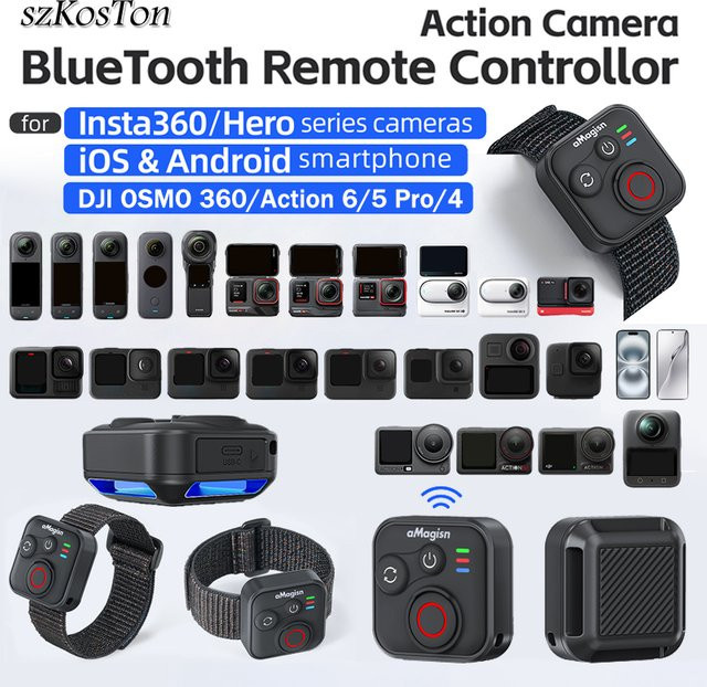 SZKOSTON Bluetooth-Fernbedienung für Insta360 Ace Pro 2, GoPro Hero 13/12/11/10/9/8 und DJI-Serie Sportkameras, Schwarz - Bild 1