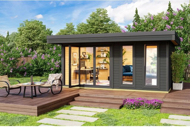 Lasita Holz-Gartenhaus Domeo 8 Flachdach in Carbongrau lasiert mit Blockbohlenbauweise, B/T: 500 x 400 cm - Bild 1