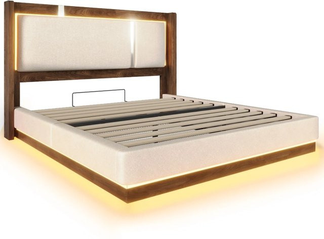 Merax Polsterbett mit LED-Bettkasten und Hydraulikfunktion in Beige, B/T/H: 140 x 200 x 40 cm - Bild 1