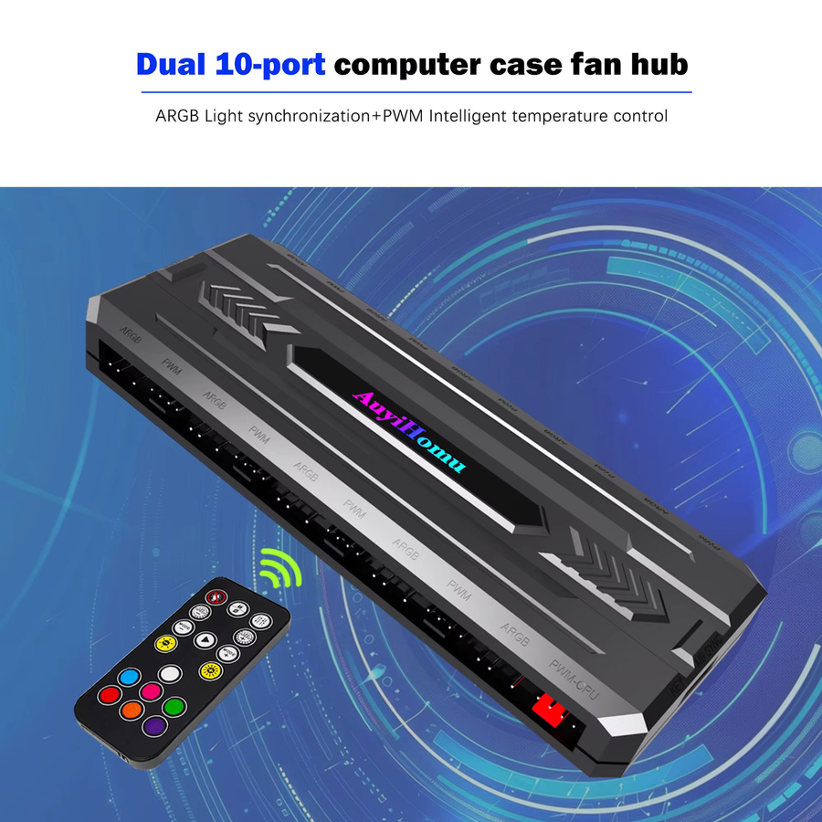 AuyiHomu 10-Port ARGB PWM Lüfter-Hub mit Fernbedienung, 4-Pin PC-Lüftersteuerung und 5V 3-Pin ARGB Sync, SATA-betrieben, Schwarz - Bild 3