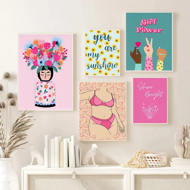 Potdemiel Leinwandgemälde mit feministischem Girl-Power Zitat in Mehrfarbig, Skandinavischer Stil Wandkunst mit Blumen und Typografie - Bild 1