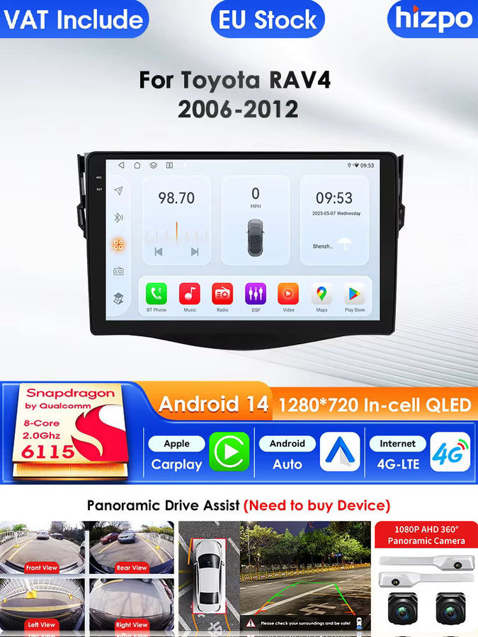Hizpo Autoradio für Toyota RAV4 2006–2012 mit Android Auto, Apple CarPlay, GPS, WiFi, 4G, Bluetooth und 360 Grad Kamera in Schwarz - Bild 6