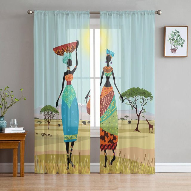 Transparenter Tüllvorhang von A Family Of Home Textiles mit afrikanischem Frauen- und Tiermotiv in Weiß, Breite: 135 cm, Höhe: 114 cm - Bild 1