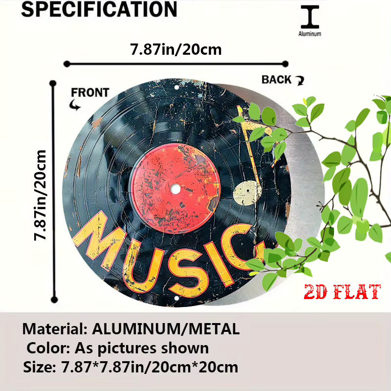 Potdemiel Metall Wanddekoration Vintage Vinyl Schallplatte im Retro-Stil mit Musiknoten und Soundwave, Schwarz, Gold und Rot - Bild 2