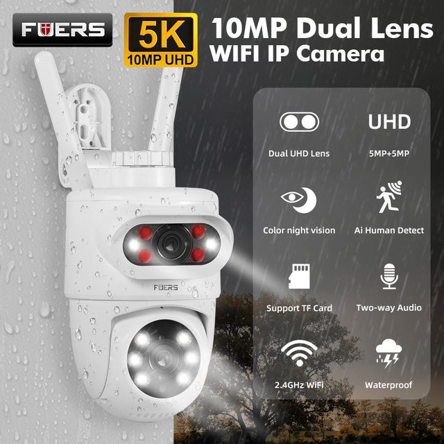 FUERS 5K 10MP Dual Objektiv IP Kamera Tuya Smart Home Sicherheit, Drahtlose WIFI CCTV Überwachungskamera für Außen mit Auto Tracking, Weiß - Bild 1