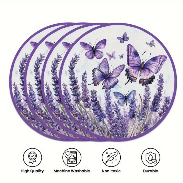 VIKAMA 4er Set Esstischmatten mit Lavendel- und Schmetterlingsmuster in Lila, runde Platzsets für den Esstisch - Bild 1