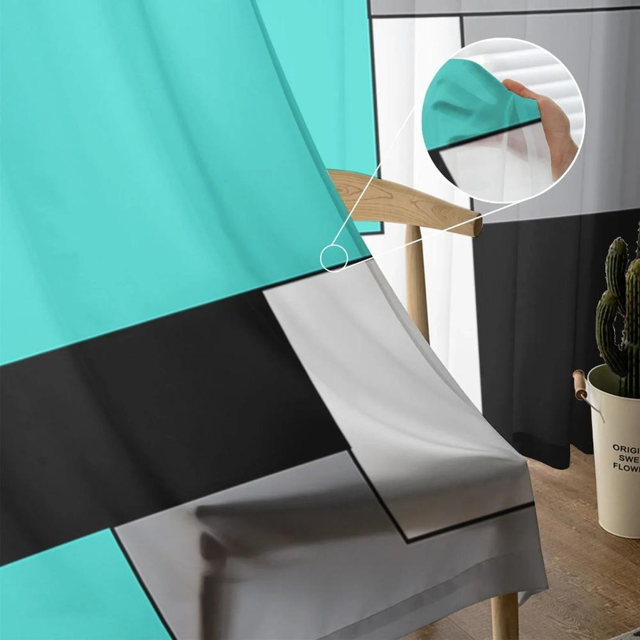 Yiran Furniture Transparente Voile-Vorhänge mit abstraktem Patchwork-Design in Türkis, Schwarz und Grau, Breite: 135 cm, Höhe: 115 cm - Bild 2
