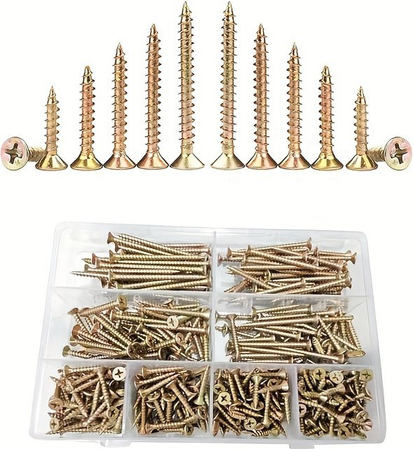 MIVM M4 Kombinationssatz selbstschneidende Schrauben mit Flachkopf in Gold, verzinkt, für Holz und Metall - Bild 1