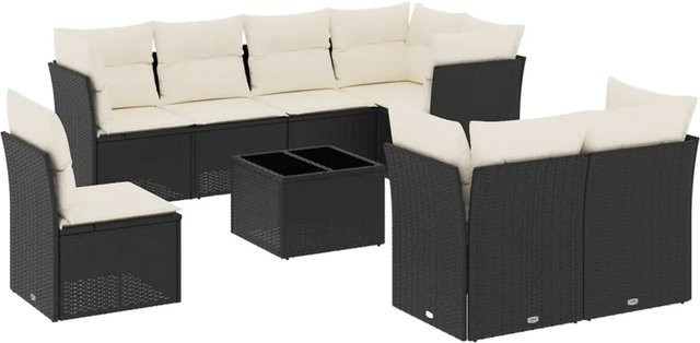 vidaXL 9-tlg Garten-Sofagarnitur in U-Form aus Polyrattan mit Kissen und Tisch in Schwarz - Bild 1