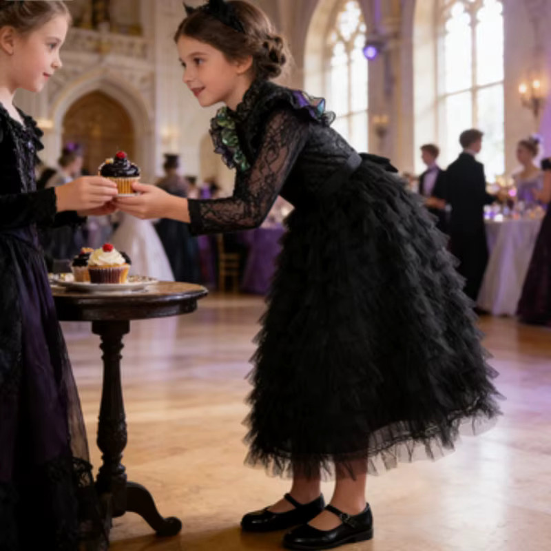keaiyouhuo Hexenkostüm Prinzessin, Kleid mit Umhang, Schwarz - Bild 2