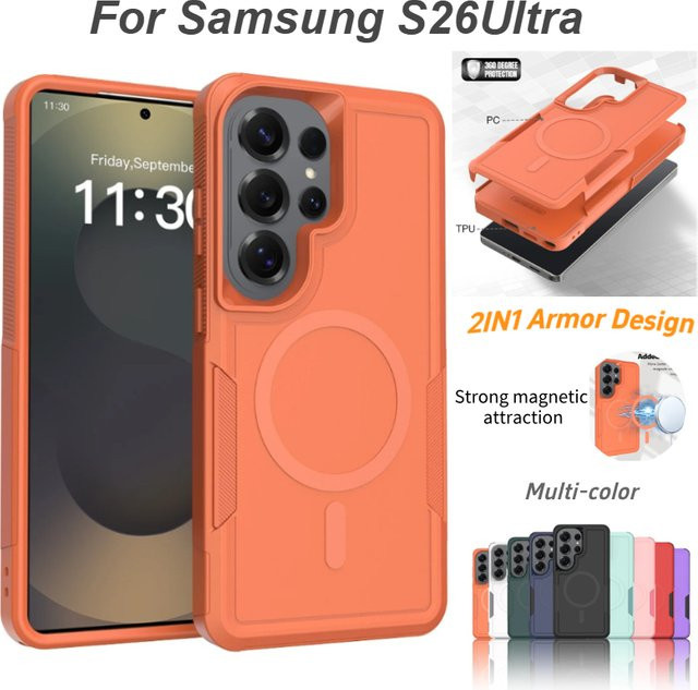 Stoßfeste Armor Schutzhülle mit Dual Layer PC und TPU sowie Magnetfunktion für Samsung S26 Ultra, S25 Edge und S24 Plus FE in Schwarz und Orange - Bild 1