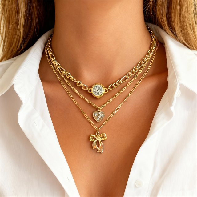 RINHOO FRIENDSHIP Schmuck-Set, 3-teilig, Herzförmige Schleifenknoten-Anhänger, Choker-Halskette, Gold, Metall, Damen - Bild 1