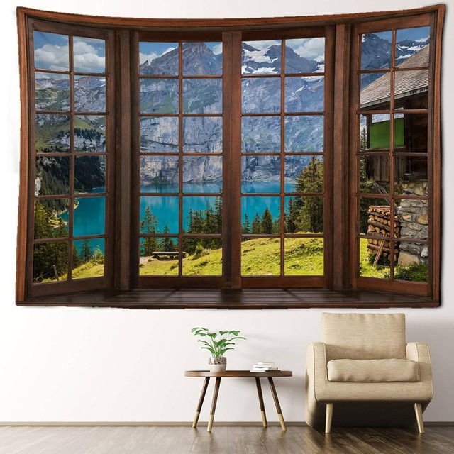 Super Six Wandteppich Berg- und Flussimitation als Fensterlandschaft in Grau und Multicolour, B/H: 95 x 70 cm - Bild 1
