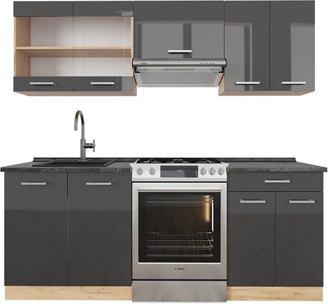 Vicco R-Line Küchenzeile Anthrazit Hochglanz und Goldkraft Eiche, Breite: 200 cm - Bild 1