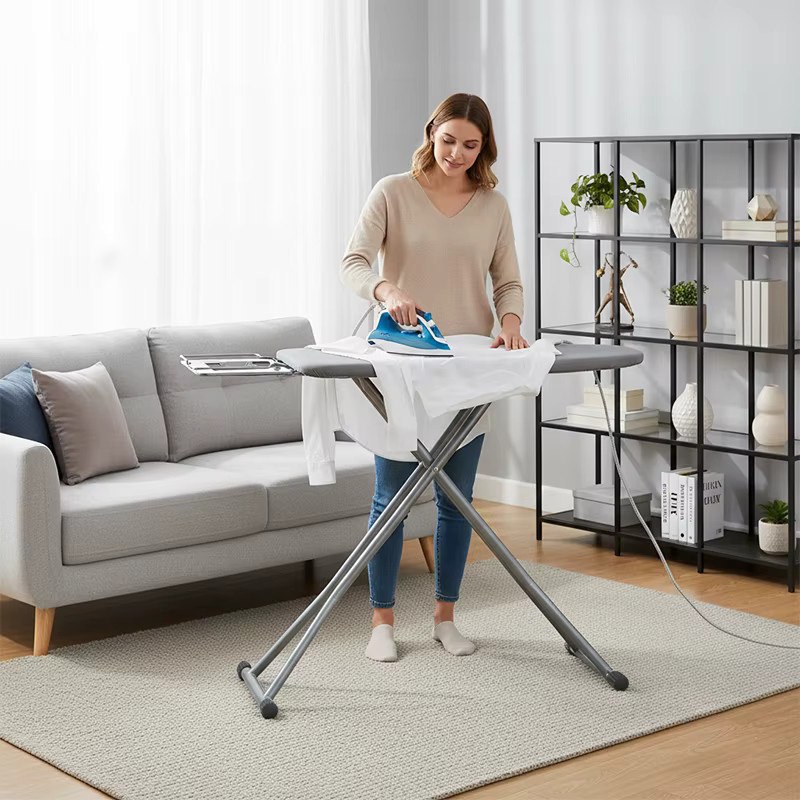 Zusammenklappbares Bügelbrett in Blau-Grau mit Bügeleisenablage und höhenverstellbarer Bügelfläche, B/T/H: 90 x 30 x 65 cm - Bild 2