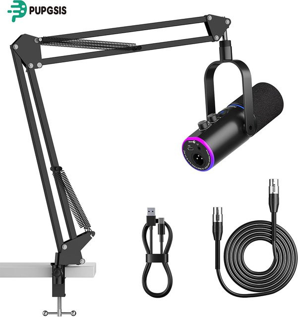 ORTIZAN XLR/USB Gaming-Mikrofon-Set mit Mikrofonarm, dynamisches RGB Computermikrofon in Schwarz für Streaming und Podcasting - Bild 1