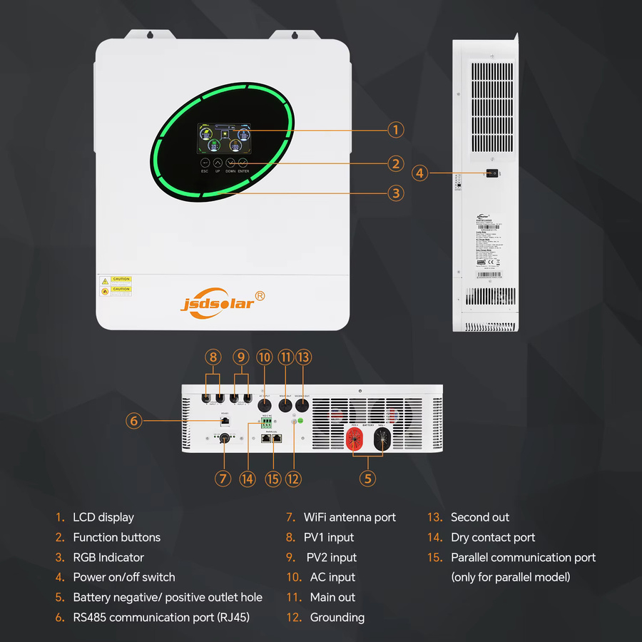 jsdsolar 11KW Parallel-Hybrid-Solarwechselrichter 48V zu 230V mit WLAN, Reine Sinuswelle, 160A MPPT und dualem PV-Eingang, Weiß - Bild 4