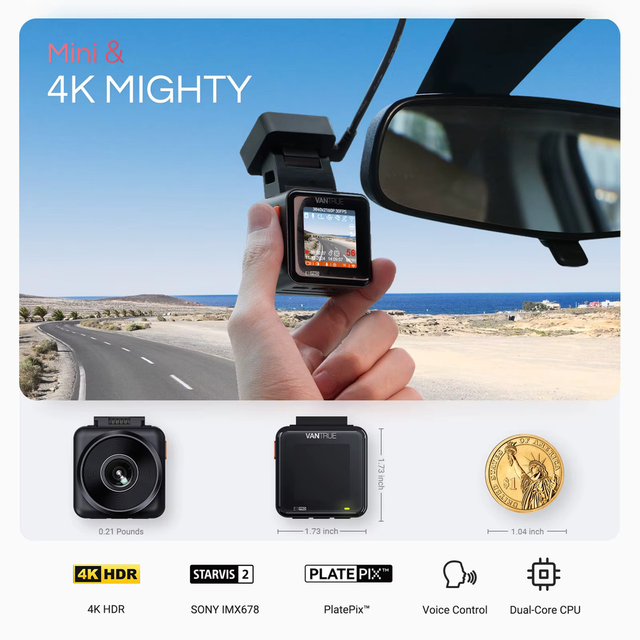 Vantrue E1 Pro 4K Mini DashCam mit STARVIS 2, HDR-Nachtsicht, 5G WiFi und GPS in Schwarz - Bild 2