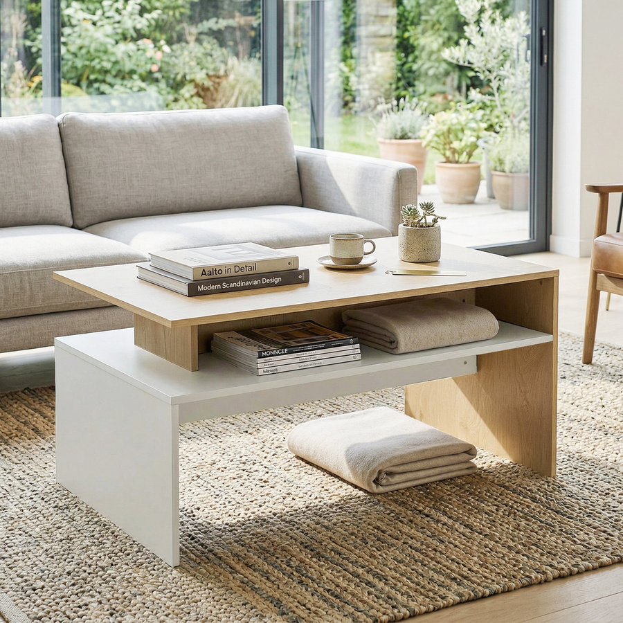 HOMCOM Couchtisch Modern in Naturholz und Weiß mit versetztem Ablagefach, B/T: 95 x 55 cm, Aosom - Bild 2