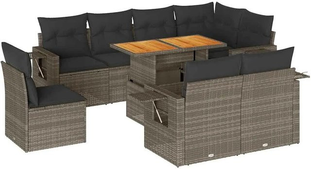 vidaXL 9-tlg. Garten-Sofagarnitur in L-Form aus Poly-Rattan und Akazienholz in Grau mit Kissen - Bild 1