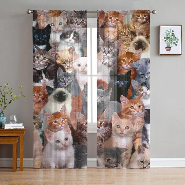 A Family Of Home Textiles Transparenter Tüllvorhang mit Katzen-Motiv, Mehrfarbig, B: 135 cm, H: 114 cm - Bild 1
