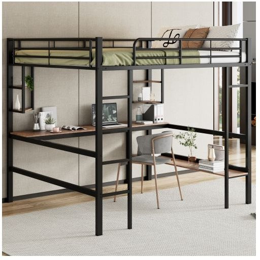MUVOE Hochbett aus Metall und MDF mit Schreibtisch und Regalfächern, Schwarz, Breite: 140 cm, Tiefe: 200 cm - Bild 1