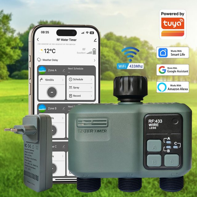JIHUAN 3-fach Bewässerungstimer mit Tuya Wifi und RF433, programmierbarer automatischer Bewässerungsregler mit Regenverzögerung und Filter, Grau - Bild 1