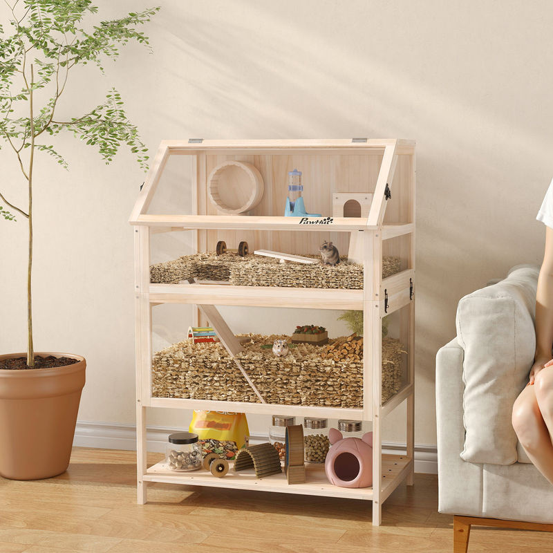 PawHut Hamsterkäfig aus Tannenholz in Braun mit 3 Etagen, Nagerkäfig für Kleintiere inklusive Laufrad, Wippe, Rampe, Hütte und Wasserflasche, B/T/H: 80 x 53 x 117 cm - Bild 2
