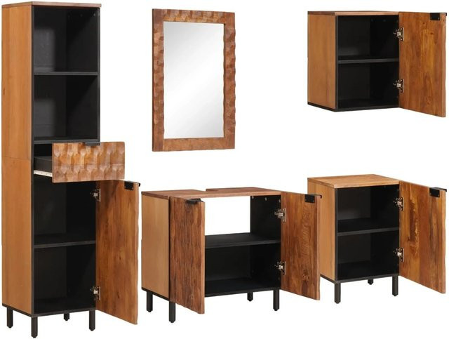 vidaXL Badezimmer Set aus Akazie und Mango Massivholz in Braun, 5-teilig mit Waschtischunterschrank, Spiegelschrank, Wand- und Hochschrank - Bild 1